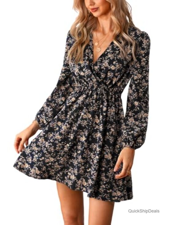 Dresses & Skirts - Floral Ruffle Mini Dress Surplice V Neck Peasant Sleeve Casual Fall Vacation